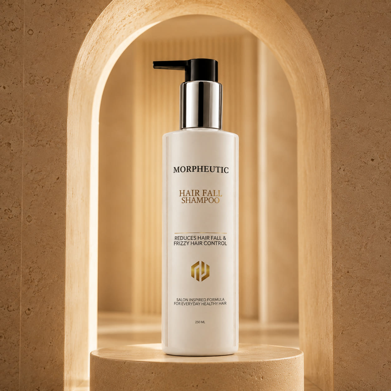 Morpheutic Hair Fall Shampoo bottle displayed in a sunlit stone archway